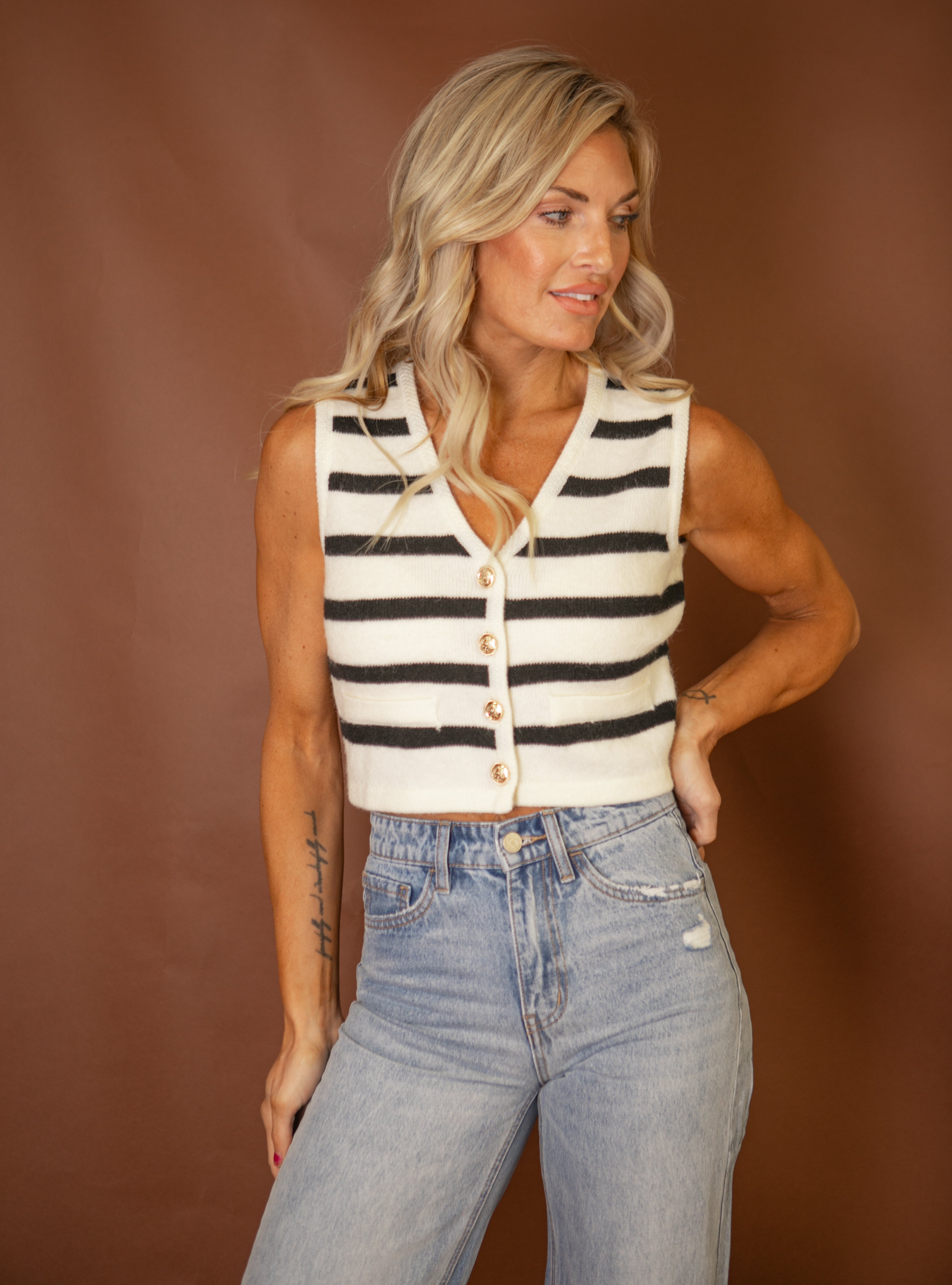 Penelope Stripe Button Down Sweater Vest