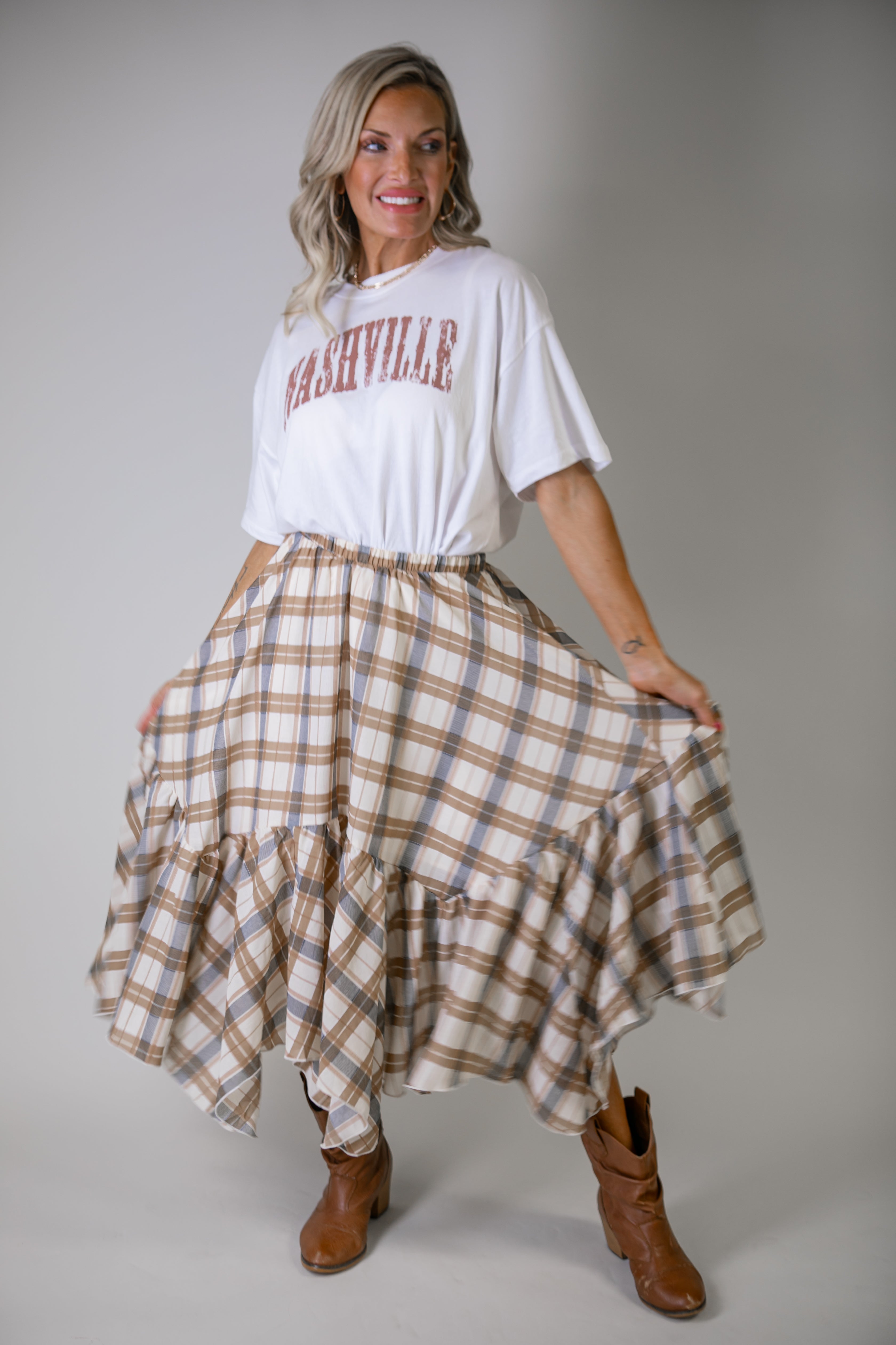 Allyson Plaid Handkerchief Midi Skirt