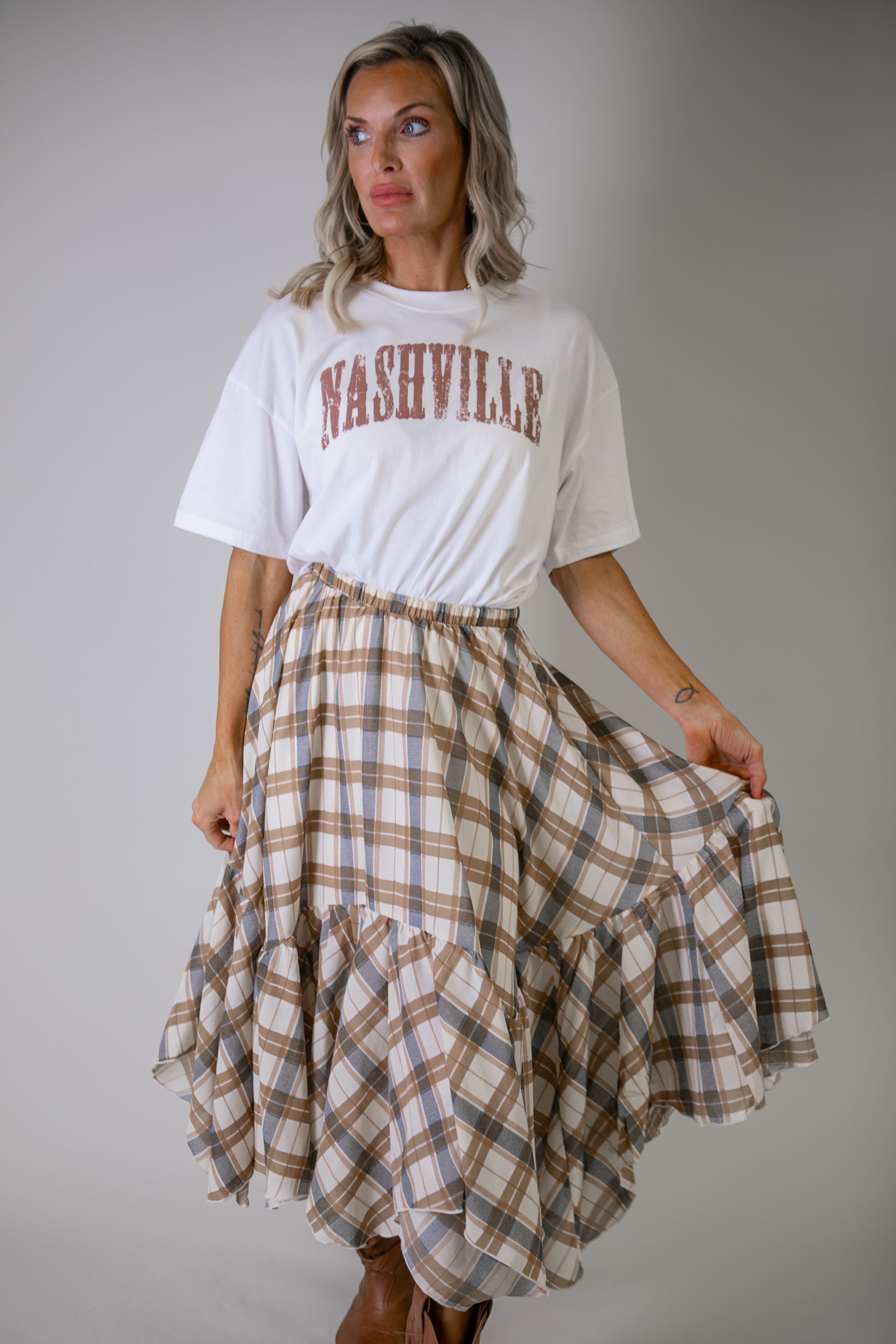 Allyson Plaid Handkerchief Midi Skirt